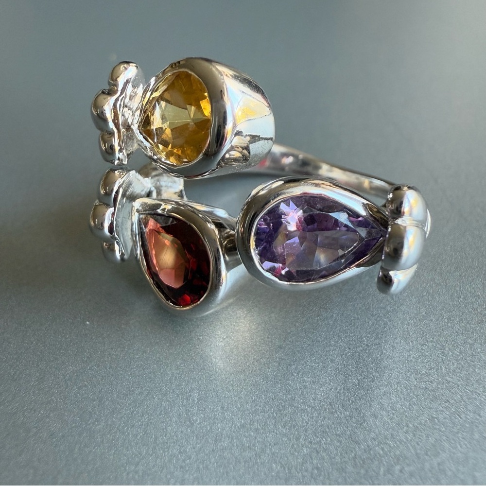 Multi Gems Amethyst Garnet Citrine Sterling Silver Adjustable Ring J&T D… - Picture 6 of 10